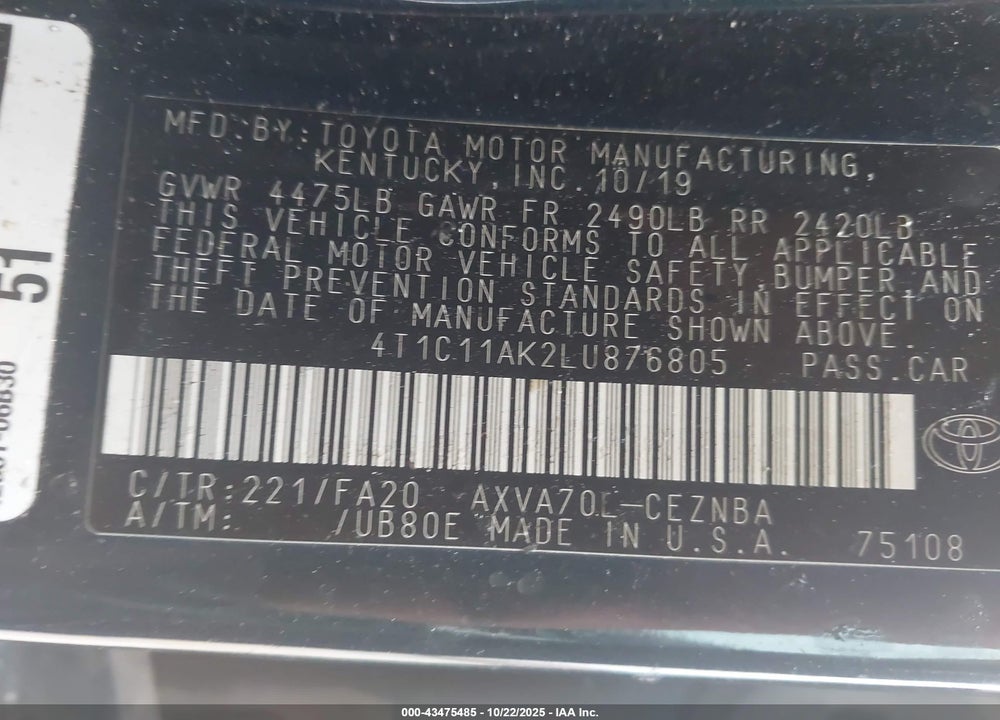 2020 TOYOTA CAMRY VIN: 4T1C11AK2LU876805