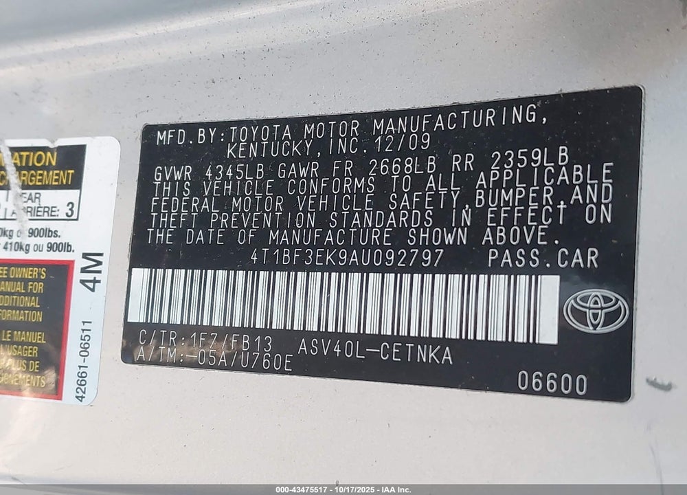 2010 TOYOTA CAMRY LE VIN: 4T1BF3EK9AU092797