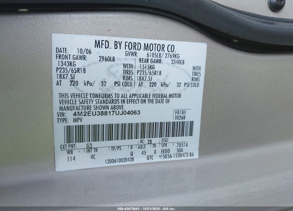 2007 MERCURY MOUNTAINEER PREMIER VIN: 4M2EU38817UJ04063