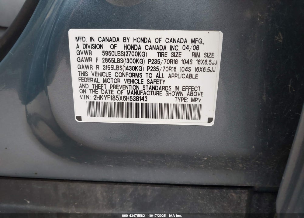 2006 HONDA PILOT EX VIN: 2HKYF185X6H538143