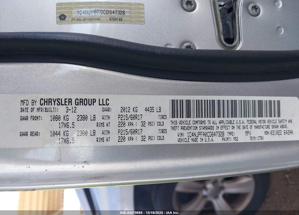 2012 JEEP PATRIOT VIN: 1C4NJPFA0CD647328