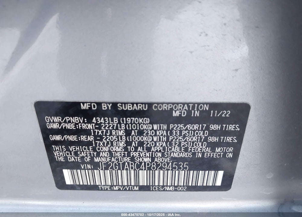 2023 SUBARU CROSSTREK VIN: JF2GTABC4P8294535