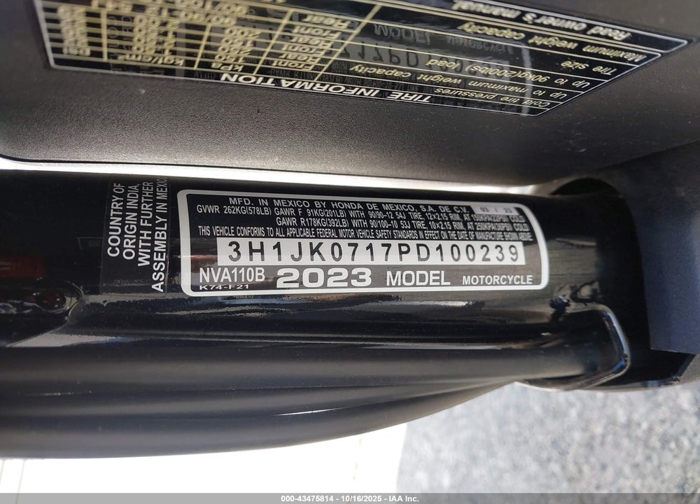 2023 HONDA NVA110 VIN: 3H1JK0717PD100239