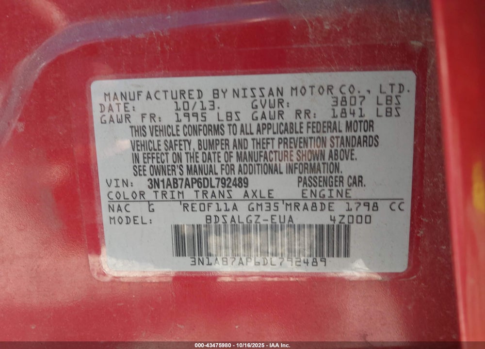 2013 NISSAN SENTRA SL VIN: 3N1AB7AP6DL792489
