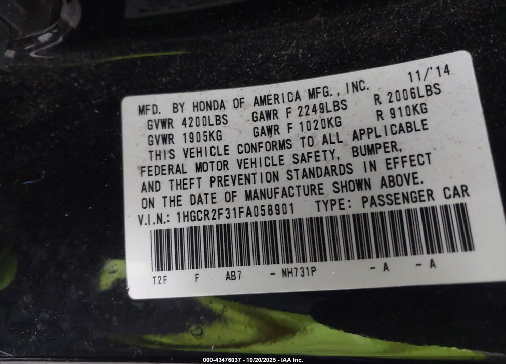 2015 HONDA ACCORD LX VIN: 1HGCR2F31FA058901