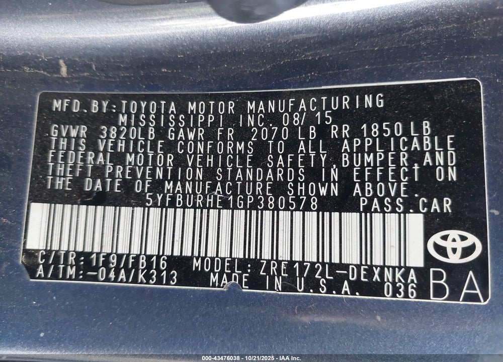 2016 TOYOTA COROLLA LE PLUS VIN: 5YFBURHE1GP380578