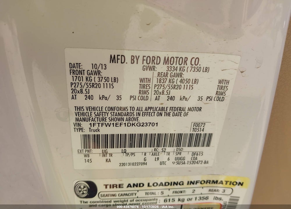 2013 FORD F-150 VIN: 1FTFW1EF1DKG23701