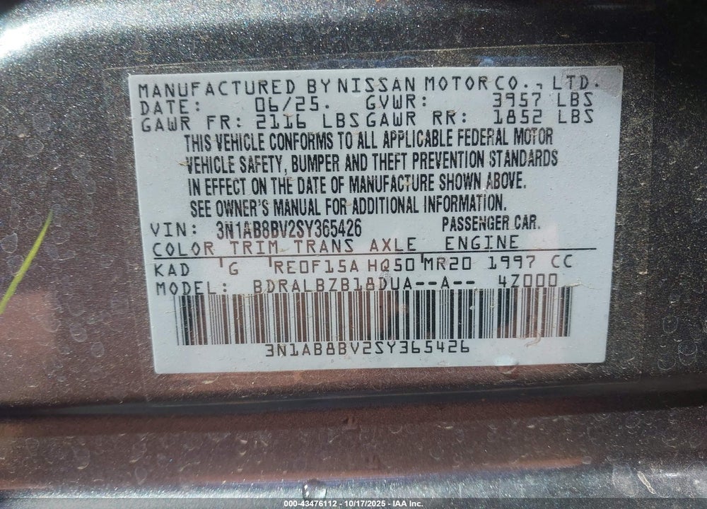 2025 NISSAN SENTRA S VIN: 3N1AB8BV2SY365426