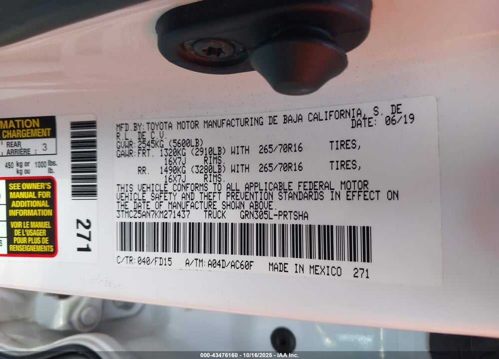 2019 TOYOTA TACOMA TRD OFF ROAD VIN: 3TMCZ5AN7KM271437