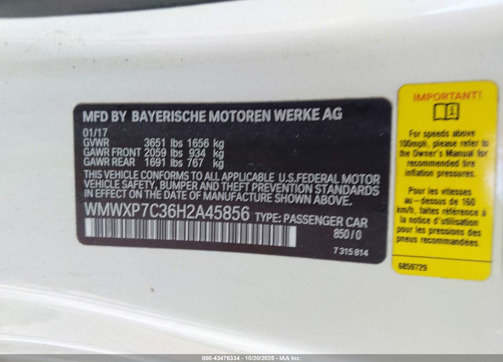2017 MINI HARDTOP COOPER S VIN: WMWXP7C36H2A45856