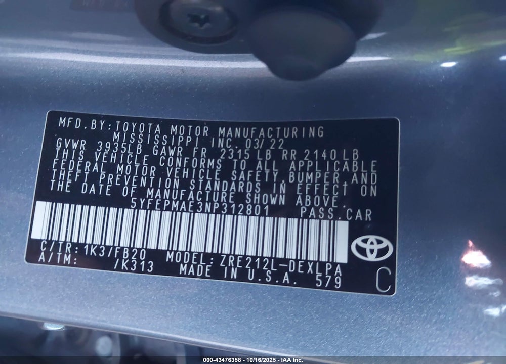 2022 TOYOTA COROLLA LE VIN: 5YFEPMAE3NP312801