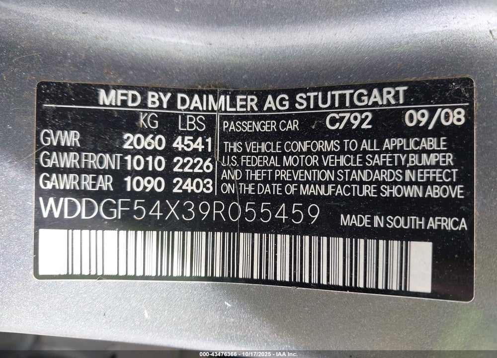 2009 MERCEDES-BENZ C CLASS VIN: WDDGF54X39R055459
