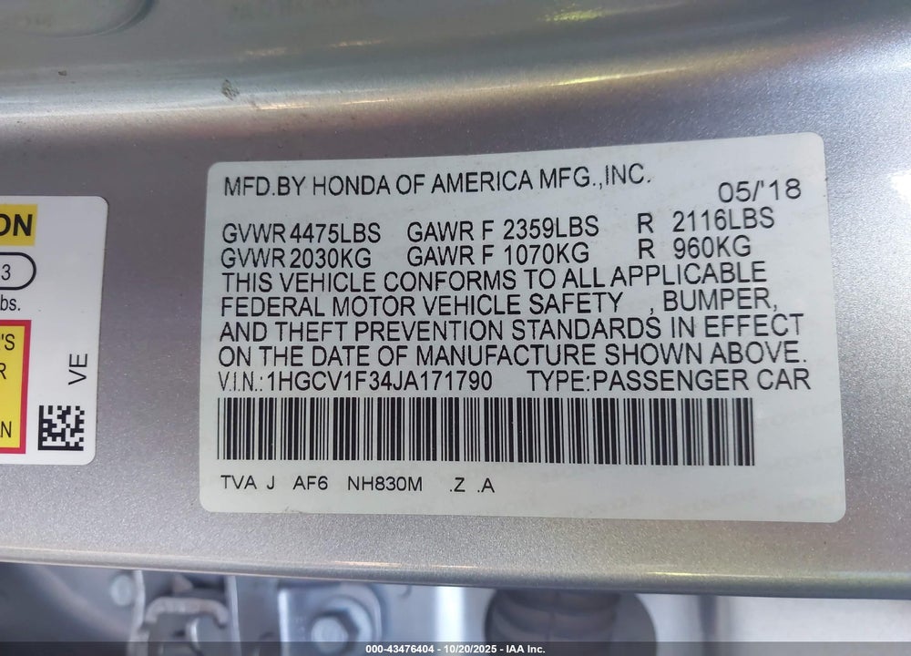 2018 HONDA ACCORD SPORT VIN: 1HGCV1F34JA171790