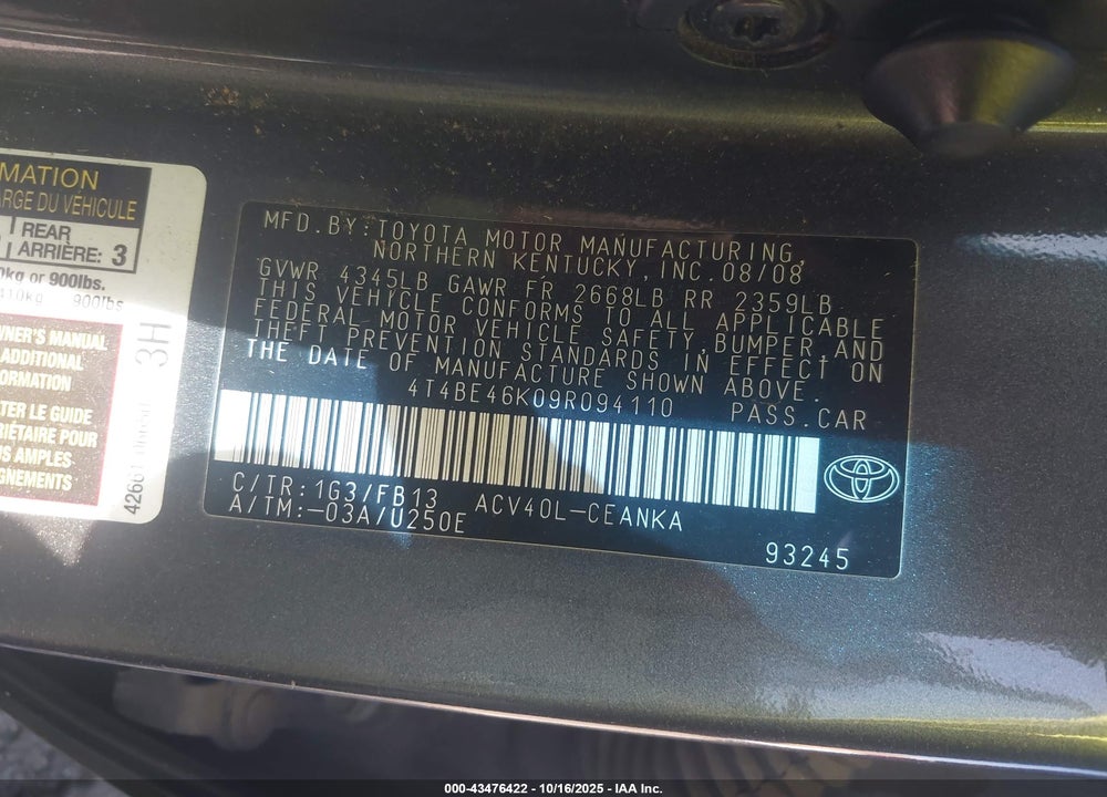 2009 TOYOTA CAMRY VIN: 4T4BE46K09R094110