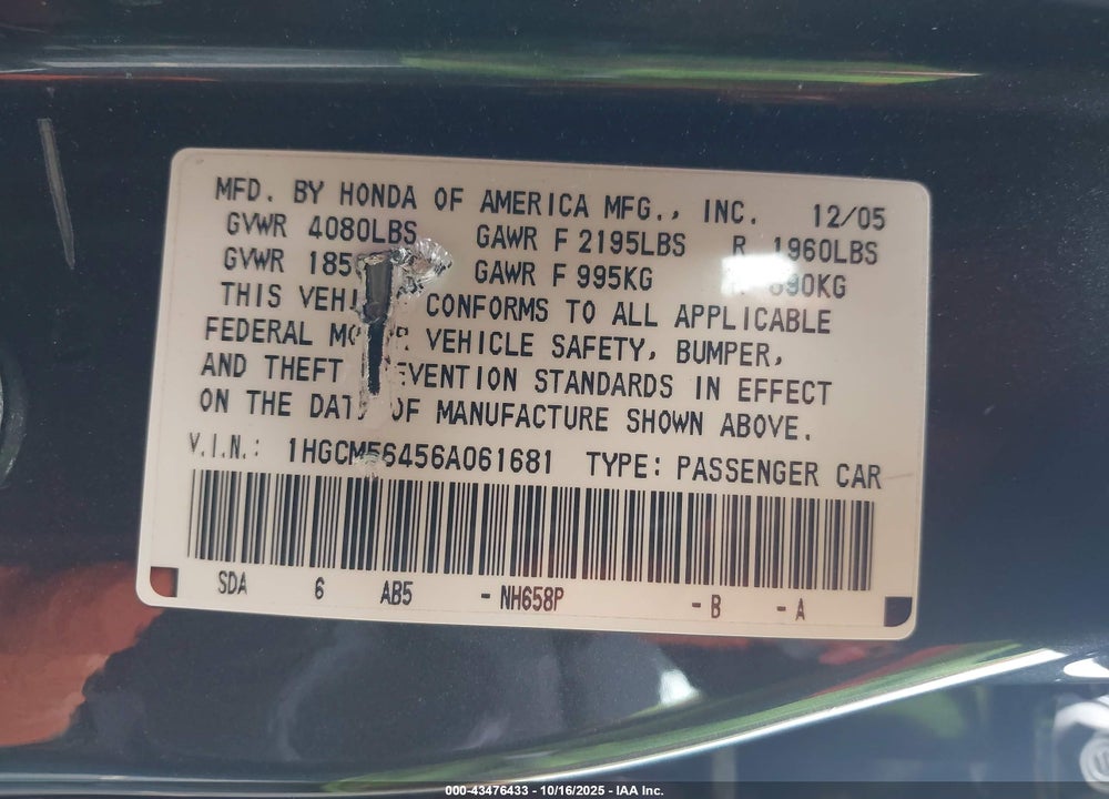 2006 HONDA ACCORD 2.4 LX VIN: 1HGCM56456A061681