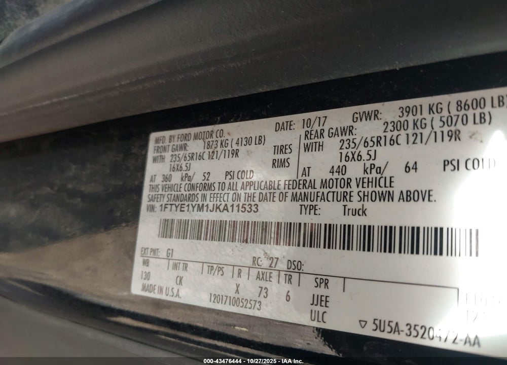 2018 FORD TRANSIT-150 VIN: 1FTYE1YM1JKA11533