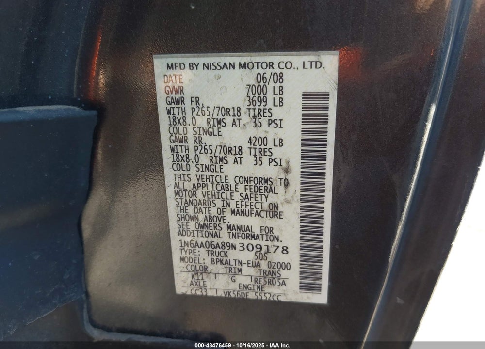 2009 NISSAN TITAN SE VIN: 1N6AA06A89N309178