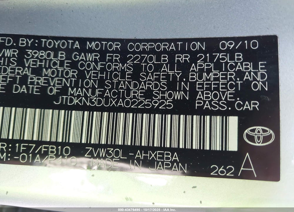 2010 TOYOTA PRIUS VIN: JTDKN3DUXA0225925
