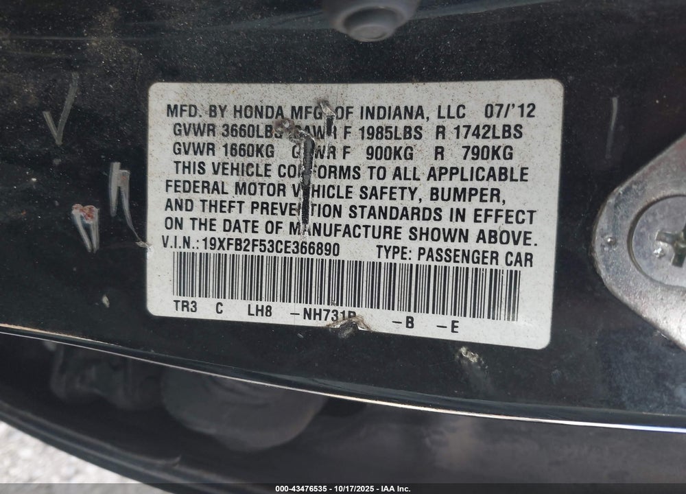 2012 HONDA CIVIC VIN: 19XFB2F53CE366890