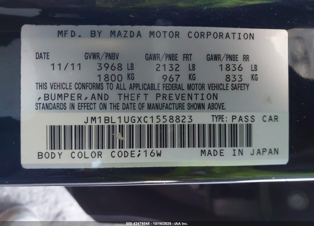 2012 MAZDA 3 I SPORT VIN: JM1BL1UGXC1558823