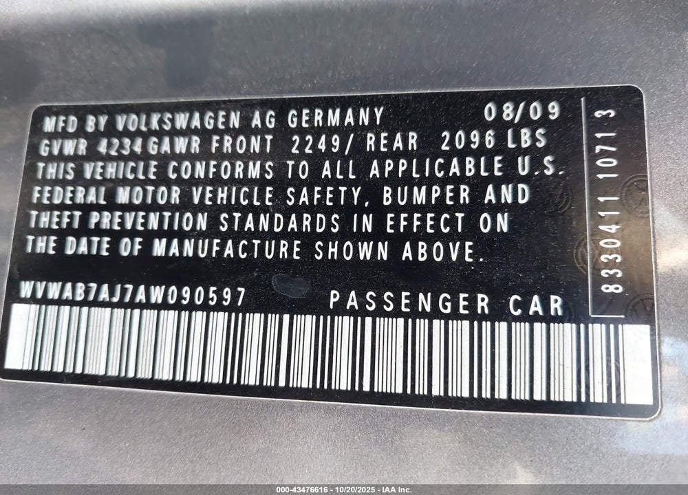 2010 VOLKSWAGEN GOLF 2-DOOR VIN: WVWAB7AJ7AW090597