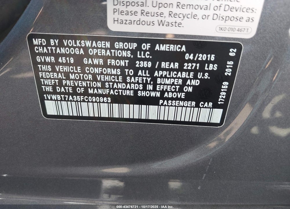 2015 VOLKSWAGEN PASSAT 1.8T SE VIN: 1VWBT7A35FC090963