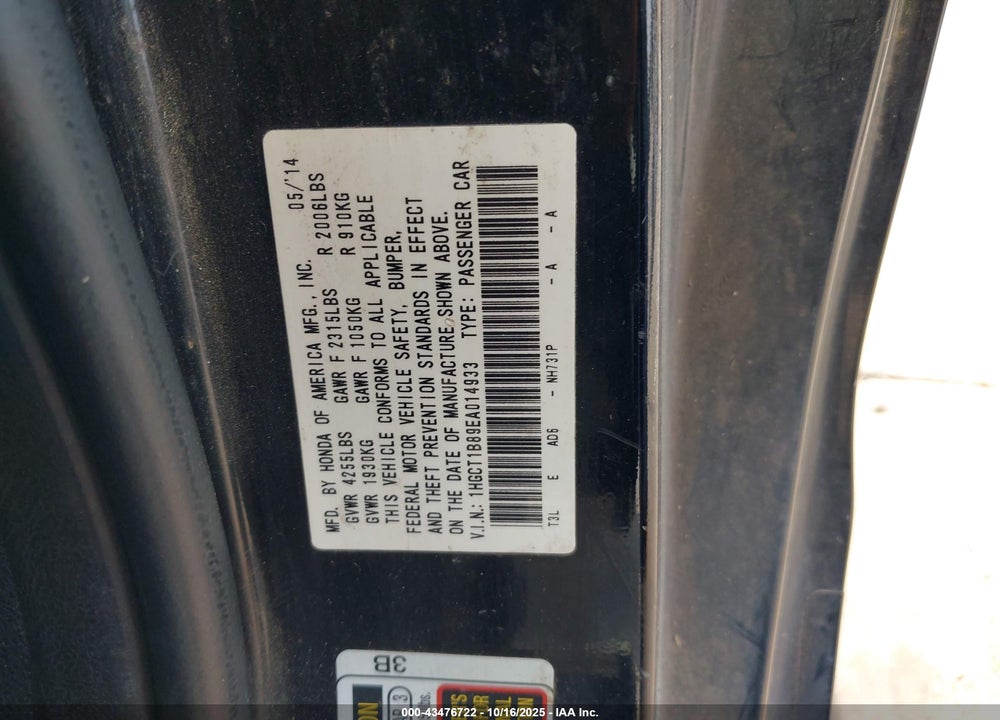 2014 HONDA ACCORD EX-L VIN: 1HGCT1B89EA014933