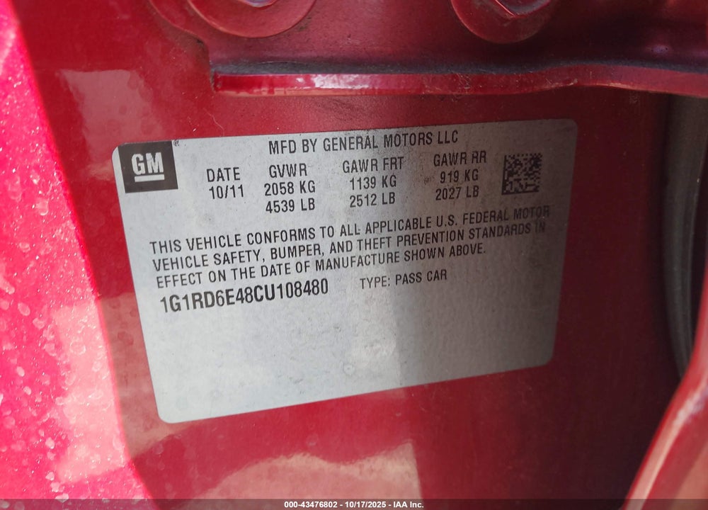 2012 CHEVROLET VOLT VIN: 1G1RD6E48CU108480