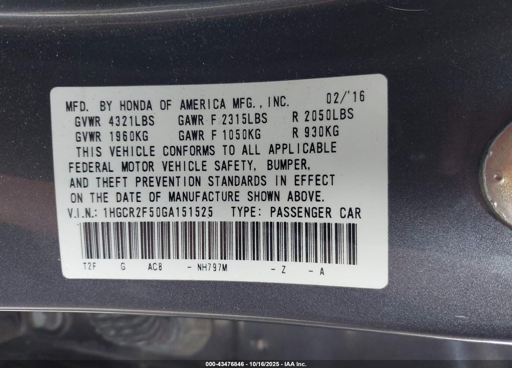 2016 HONDA ACCORD SPORT VIN: 1HGCR2F50GA151525