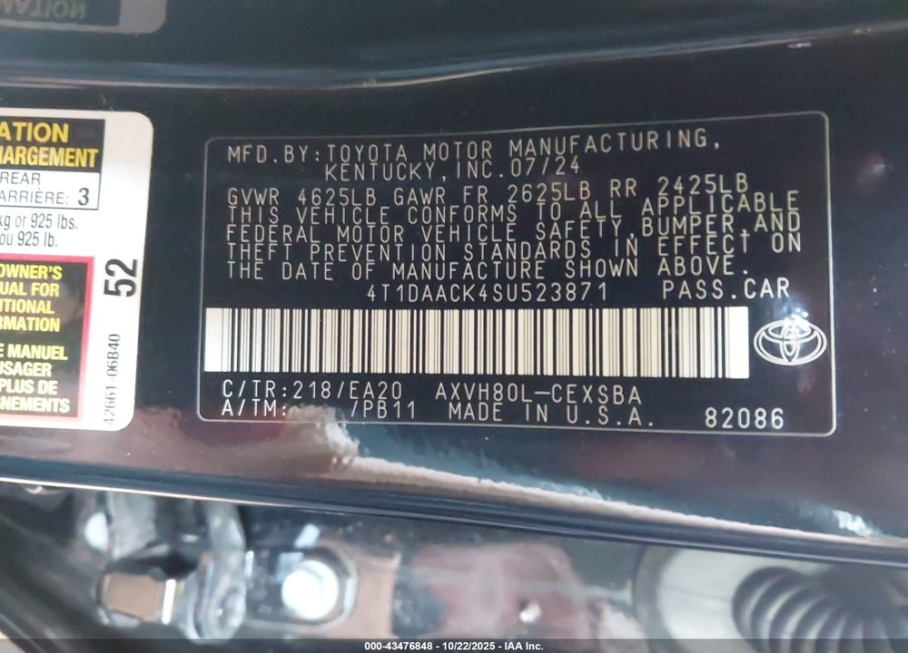 2025 TOYOTA CAMRY SE VIN: 4T1DAACK4SU523871