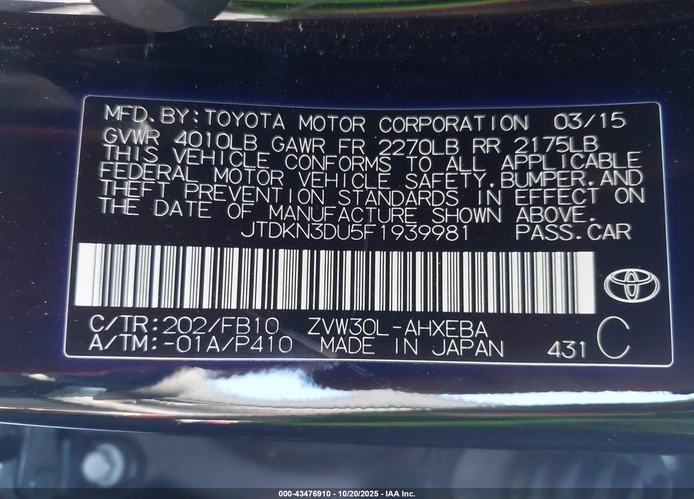 2015 TOYOTA PRIUS TWO VIN: JTDKN3DU5F1939981