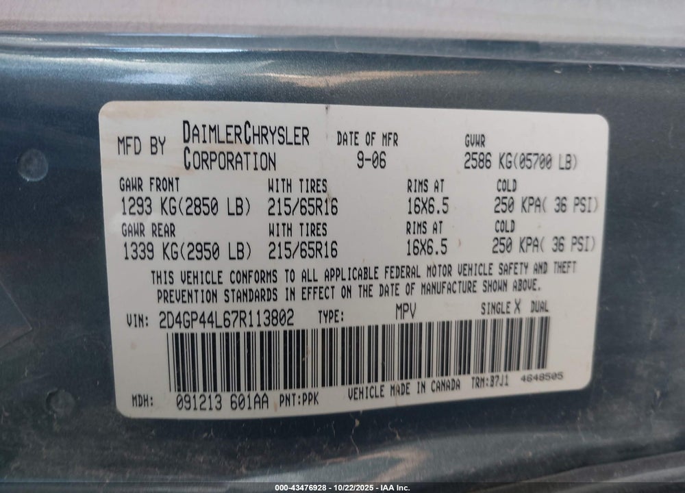 2007 DODGE GRAND CARAVAN SXT VIN: 2D4GP44L67R113802