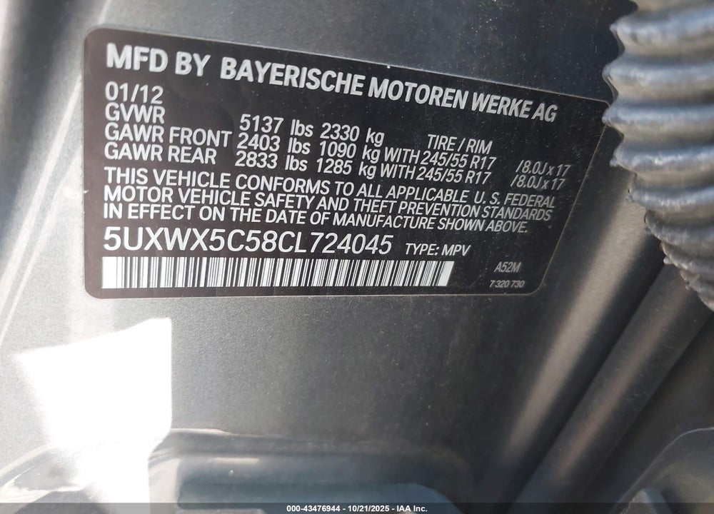 2012 BMW X3 VIN: 5UXWX5C58CL724045