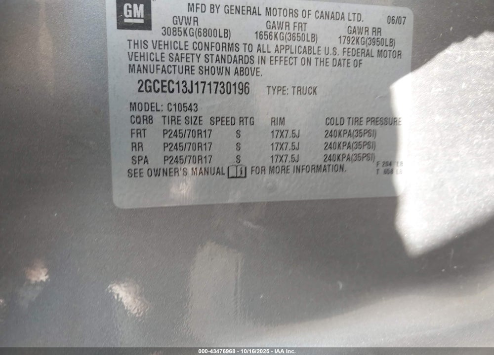 2007 CHEVROLET SILVERADO 1500 LT1 VIN: 2GCEC13J171730196