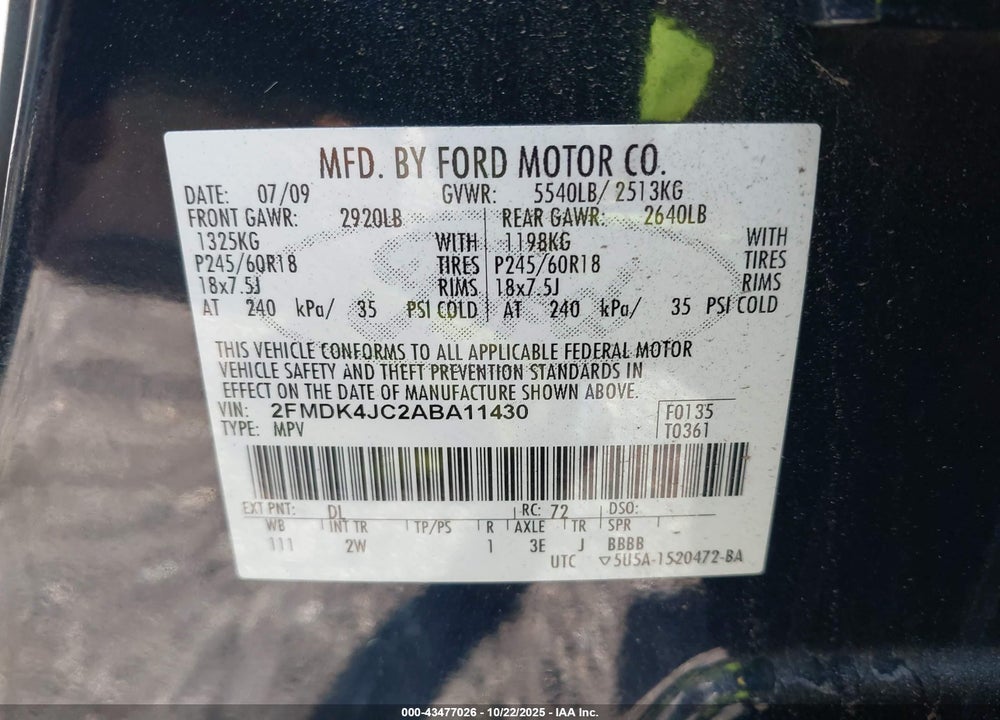 2010 FORD EDGE VIN: 2FMDK4JC2ABA11430