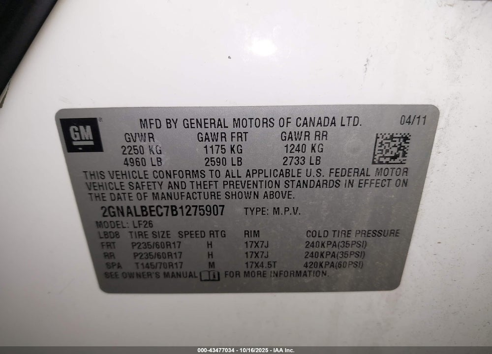 2011 CHEVROLET EQUINOX LS VIN: 2GNALBEC7B1275907
