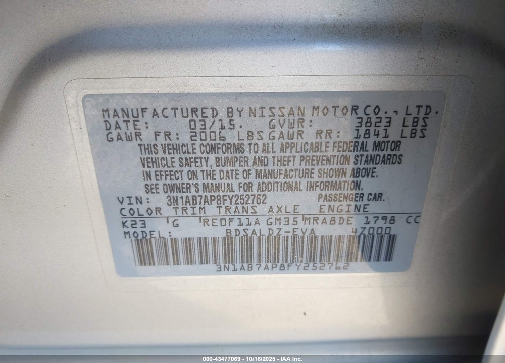 2015 NISSAN SENTRA FE+ S/S/SL/SR/SV VIN: 3N1AB7AP8FY252762