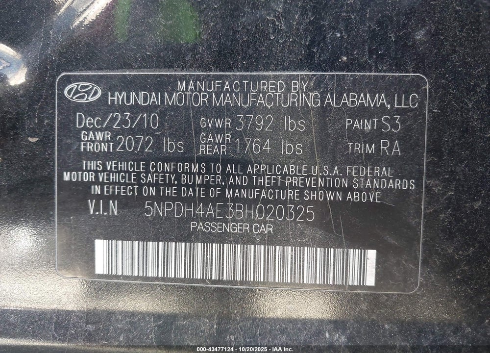 2011 HYUNDAI ELANTRA GLS VIN: 5NPDH4AE3BH020325