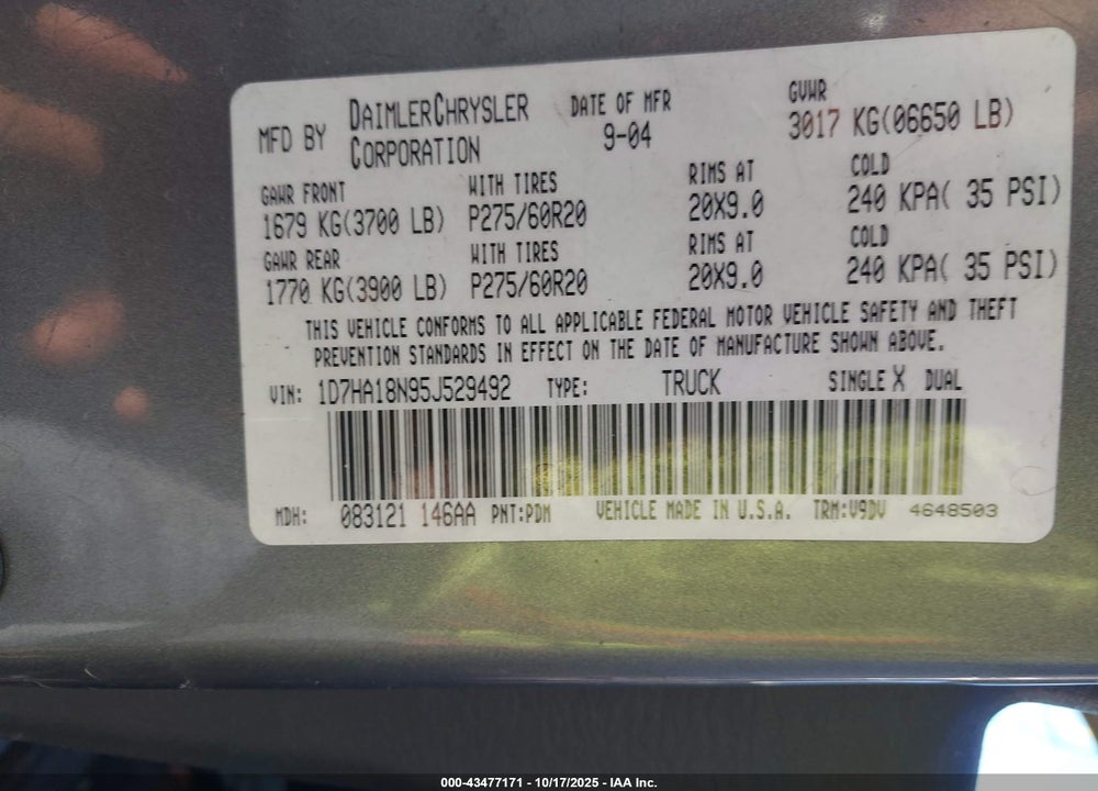 2005 DODGE RAM 1500 SLT/LARAMIE VIN: 1D7HA18N95J529492