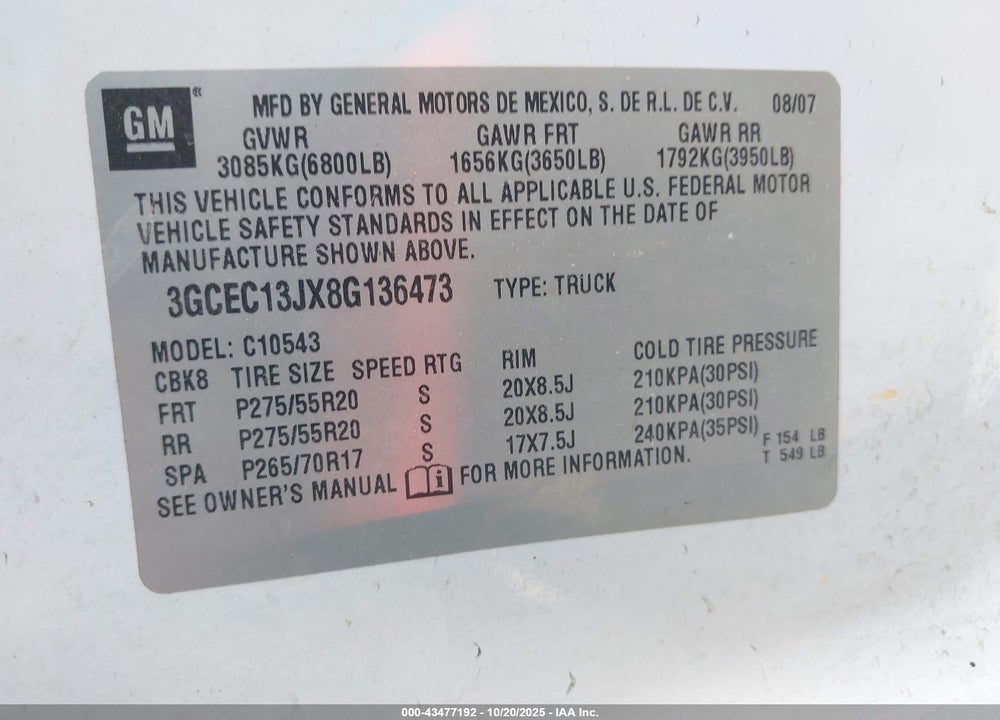 2008 CHEVROLET SILVERADO 1500 LT1 VIN: 3GCEC13JX8G136473