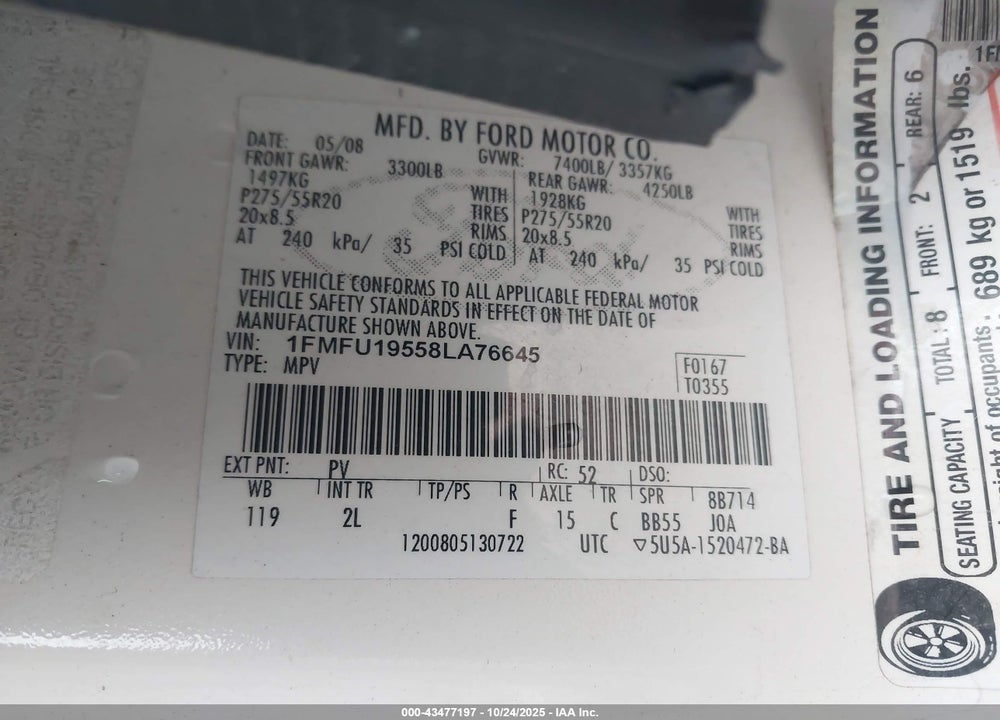 2008 FORD EXPEDITION LIMITED VIN: 1FMFU19558LA76645
