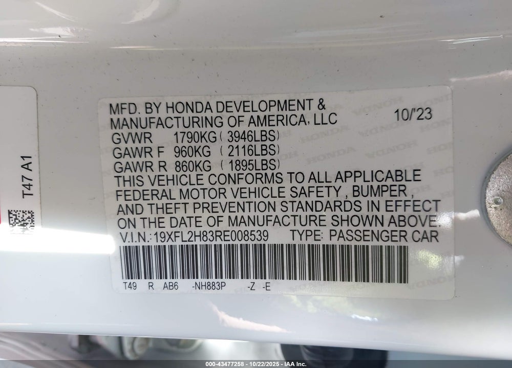 2024 HONDA CIVIC VIN: 19XFL2H83RE008539