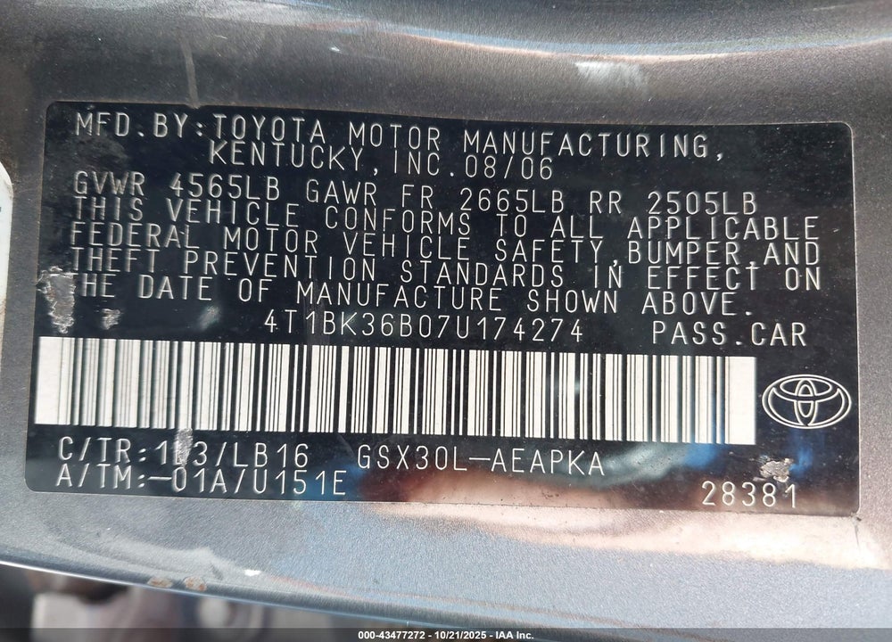 2007 TOYOTA AVALON LIMITED VIN: 4T1BK36B07U174274