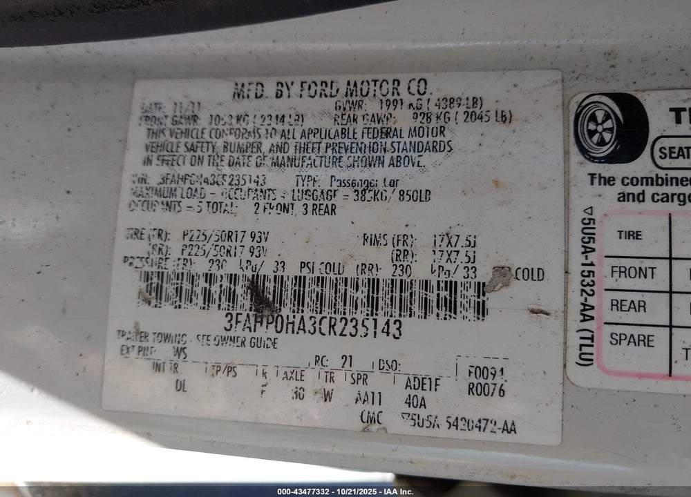 2012 FORD FUSION VIN: 3FAHP0HA3CR235143