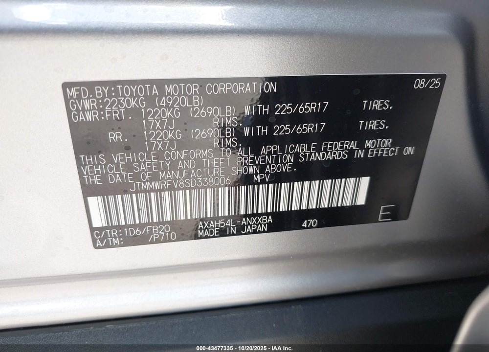 2025 TOYOTA RAV4 HYBRID VIN: JTMMWRFV8SD338006