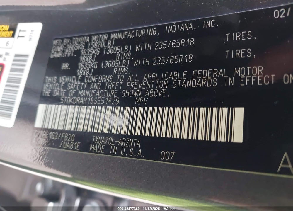 2025 TOYOTA HIGHLANDER LE VIN: 5TDKDRAH1SS551429