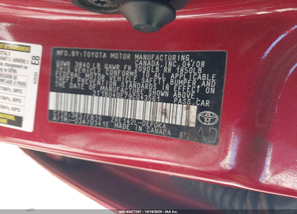 2009 TOYOTA COROLLA LE VIN: 2T1BU40E79C043561