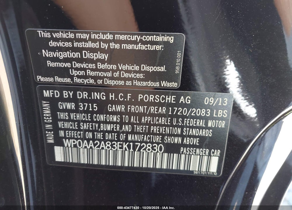 2014 PORSCHE CAYMAN VIN: WP0AA2A83EK172830