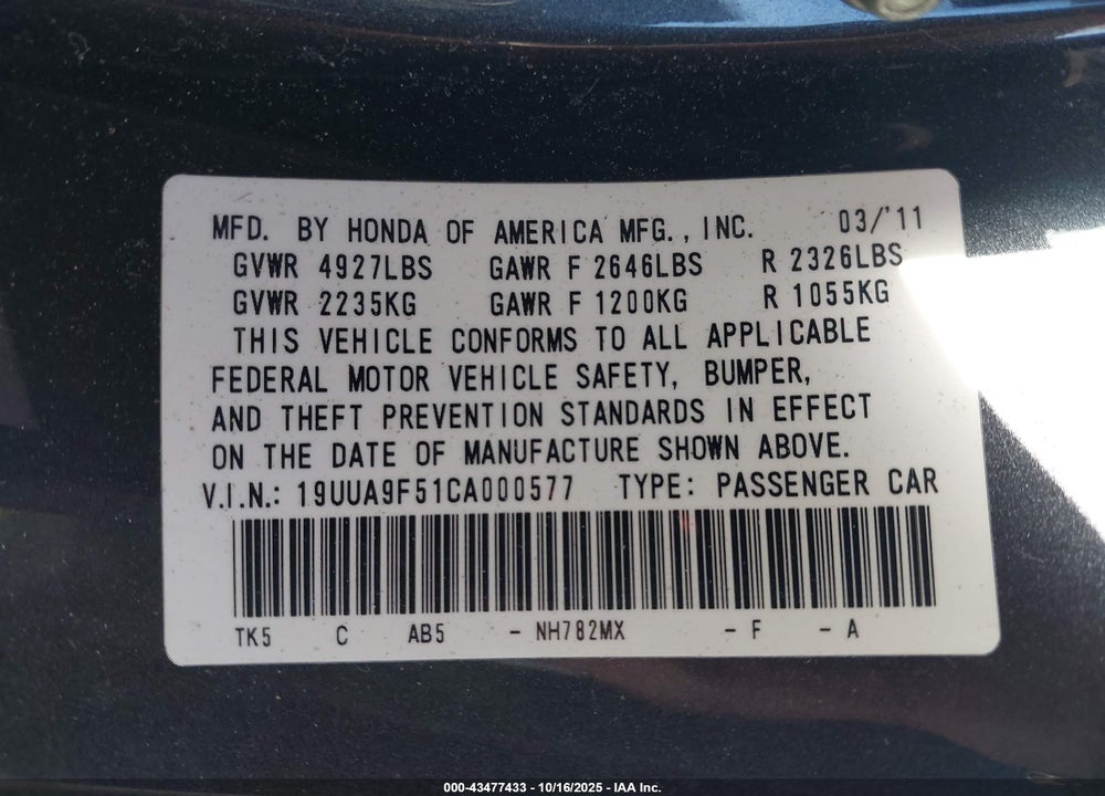 2012 ACURA TL 3.7 VIN: 19UUA9F51CA000577
