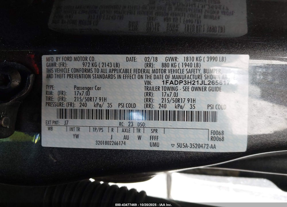 2018 FORD FOCUS VIN: 1FADP3H21JL265617